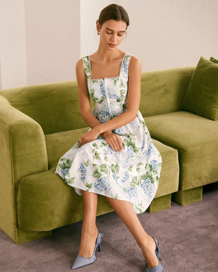 Morgan and Brooke | White Square Neck Floral A-Line Midi Dress