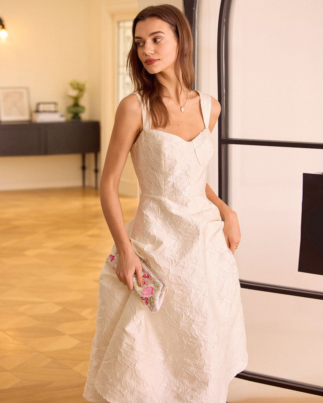 Morgan and Brooke | Sweetheart Neck Jacquard Midi Dress, White