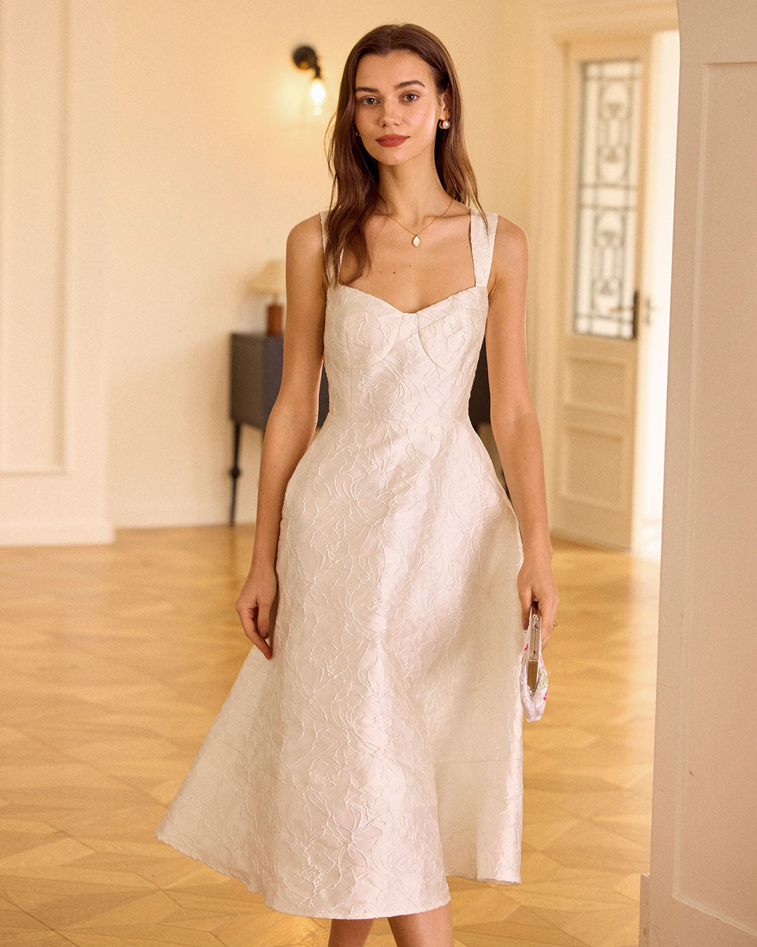 Morgan and Brooke | Sweetheart Neck Jacquard Midi Dress, White