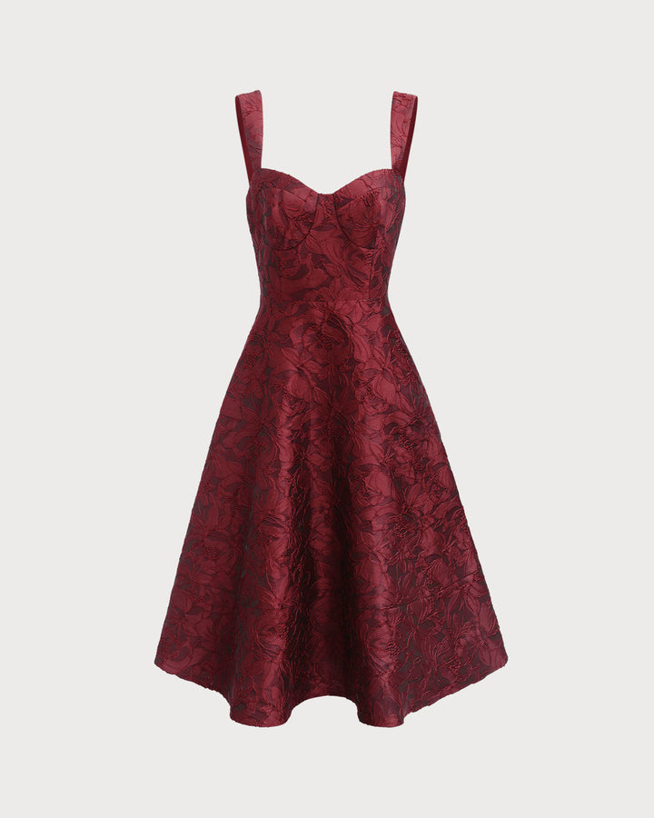 Morgan and Brooke | Jacquard Midi Dress for Women in Red with Sweetheart Neckline