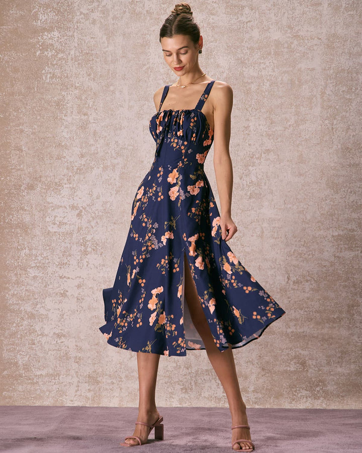Morgan and Brooke | Navy Lace Up Floral Ruched Midi Dress
