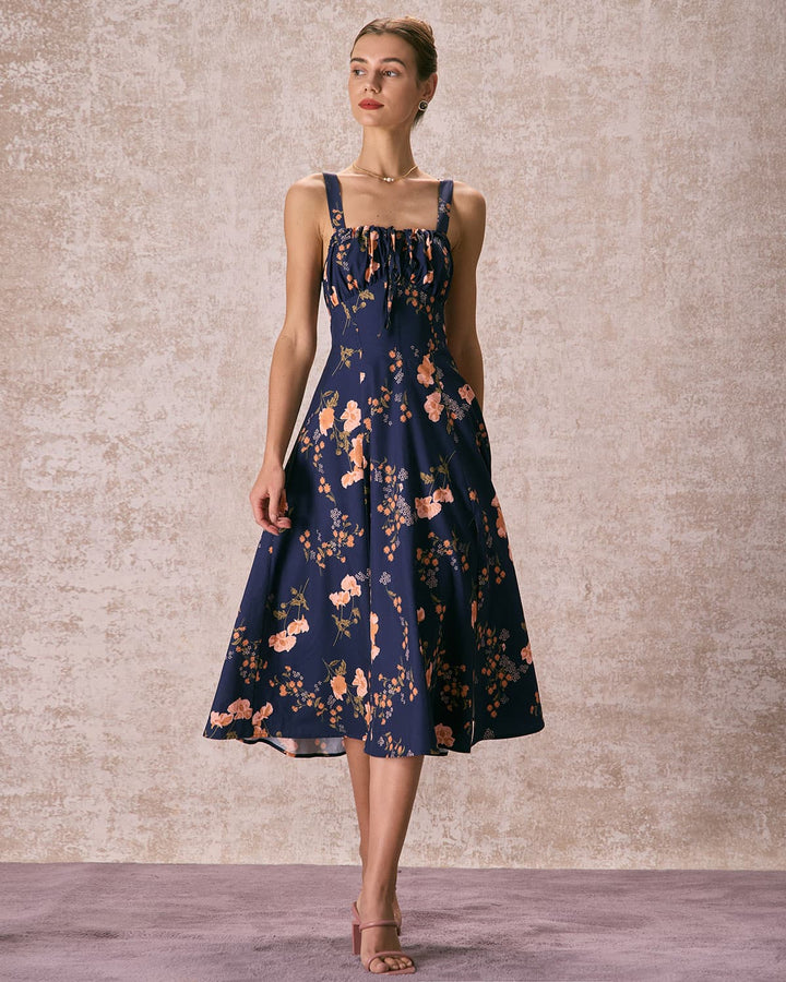 Morgan and Brooke | Navy Lace Up Floral Ruched Midi Dress