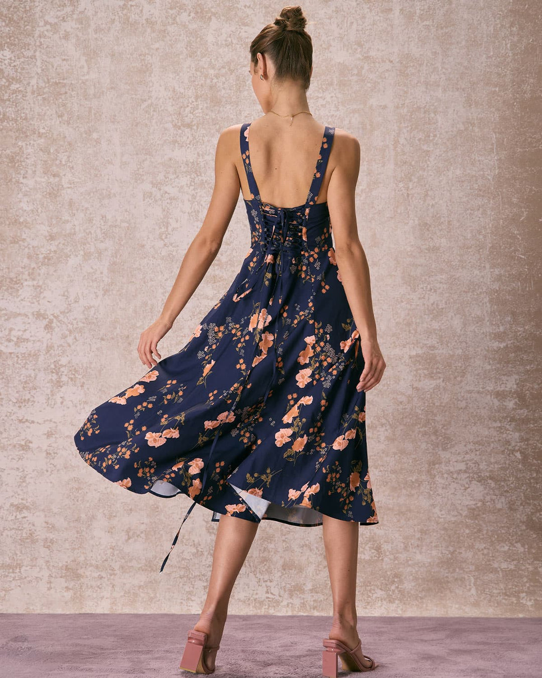 Morgan and Brooke | Navy Lace Up Floral Ruched Midi Dress