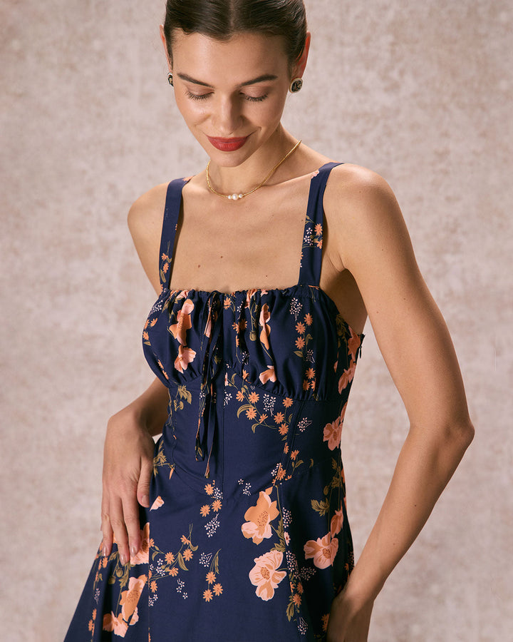 Morgan and Brooke | Navy Lace Up Floral Ruched Midi Dress