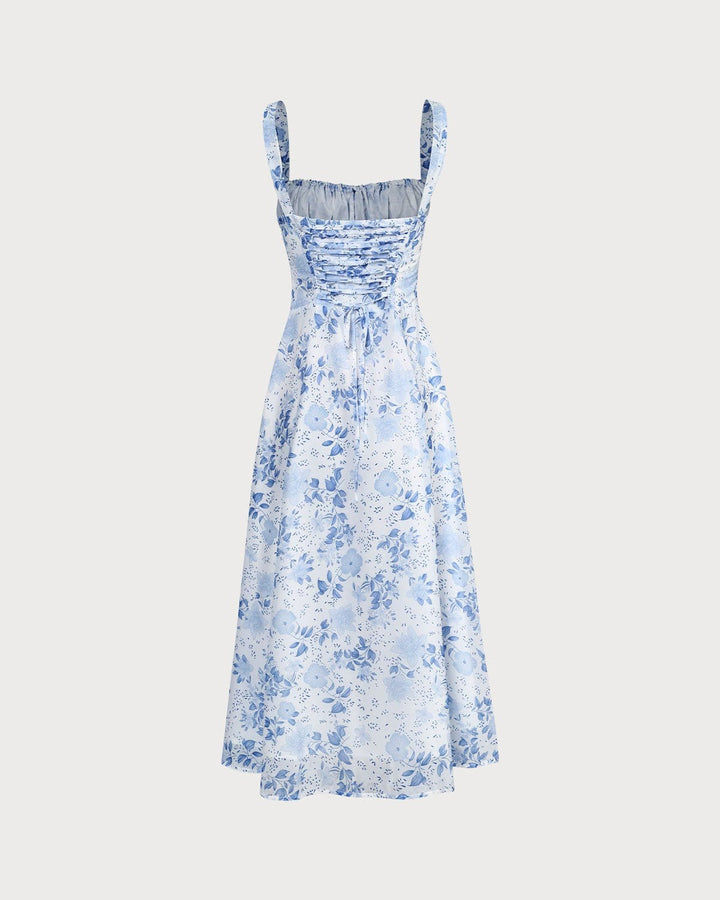 Morgan and Brooke | Floral Ruched Midi Dress for Women in Blue