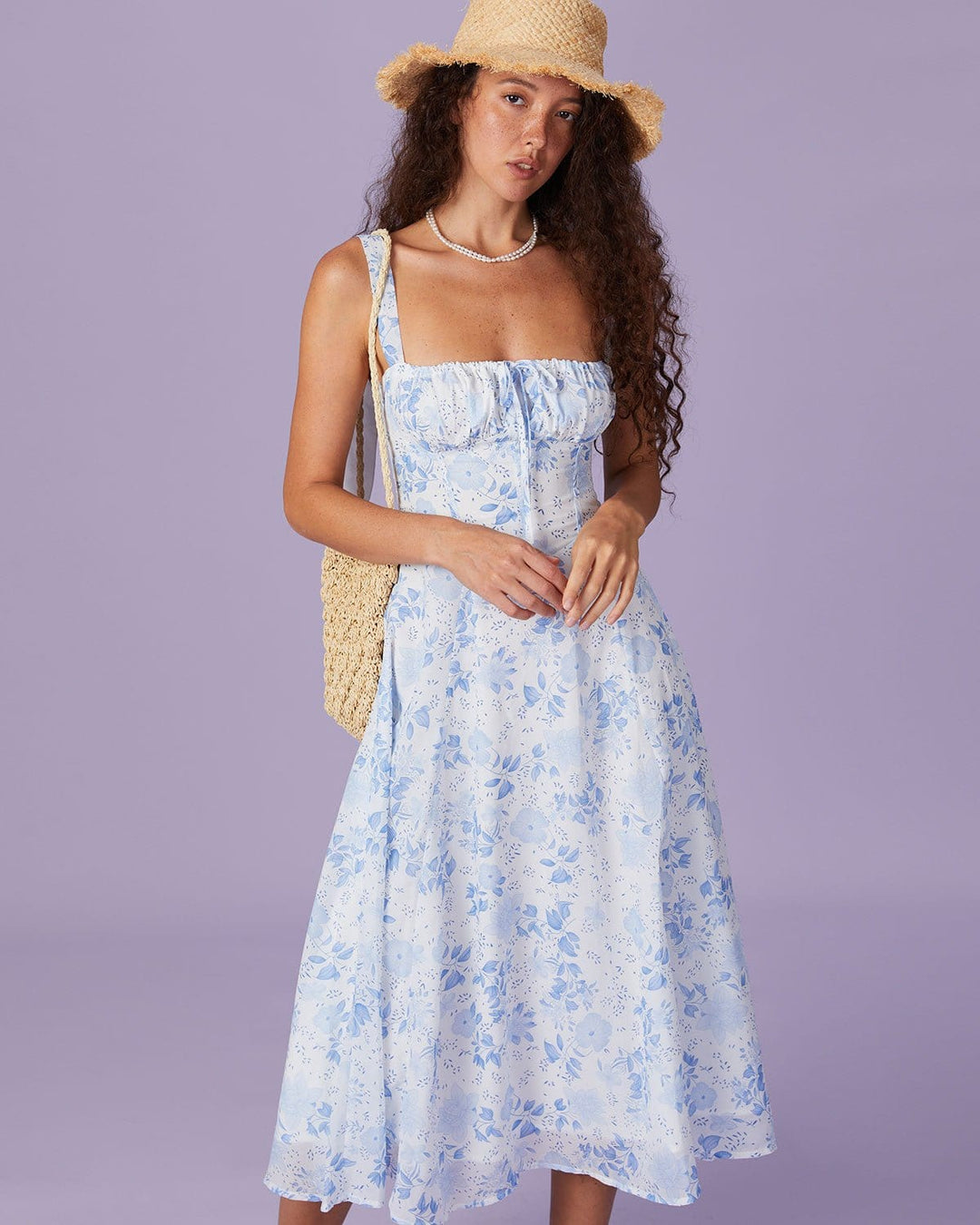 Morgan and Brooke | Floral Ruched Midi Dress for Women in Blue