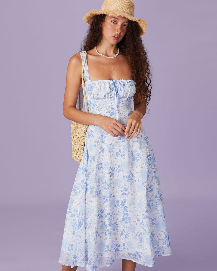 Morgan and Brooke | Floral Ruched Midi Dress for Women in Blue