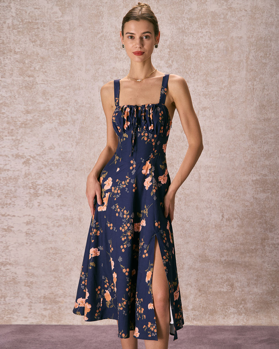 Morgan and Brooke | Navy Lace Up Floral Ruched Midi Dress