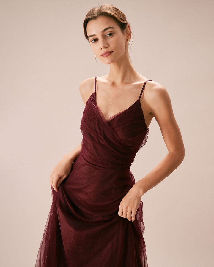 Morgan and Brooke | Wine Red V Neck Mesh Wrap Maxi Dress