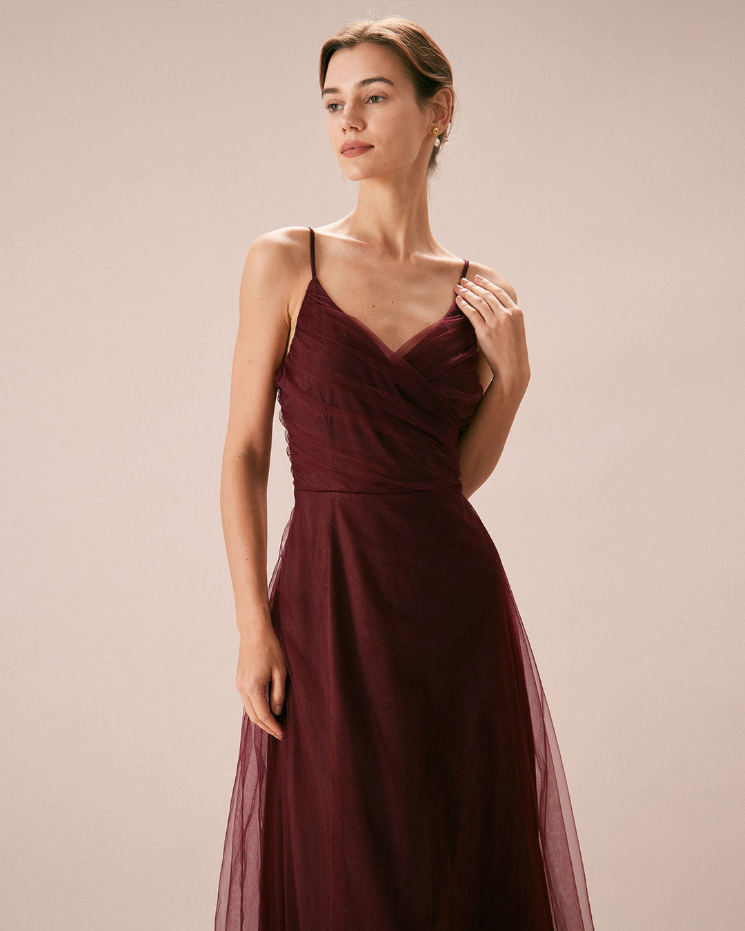 Morgan and Brooke | Wine Red V Neck Mesh Wrap Maxi Dress