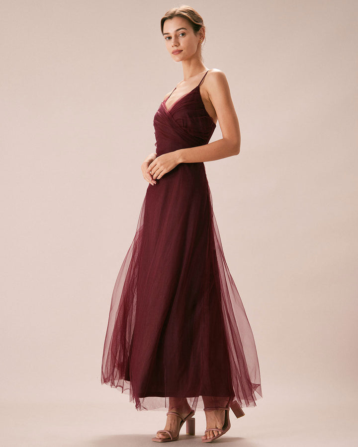 Morgan and Brooke | Wine Red V Neck Mesh Wrap Maxi Dress