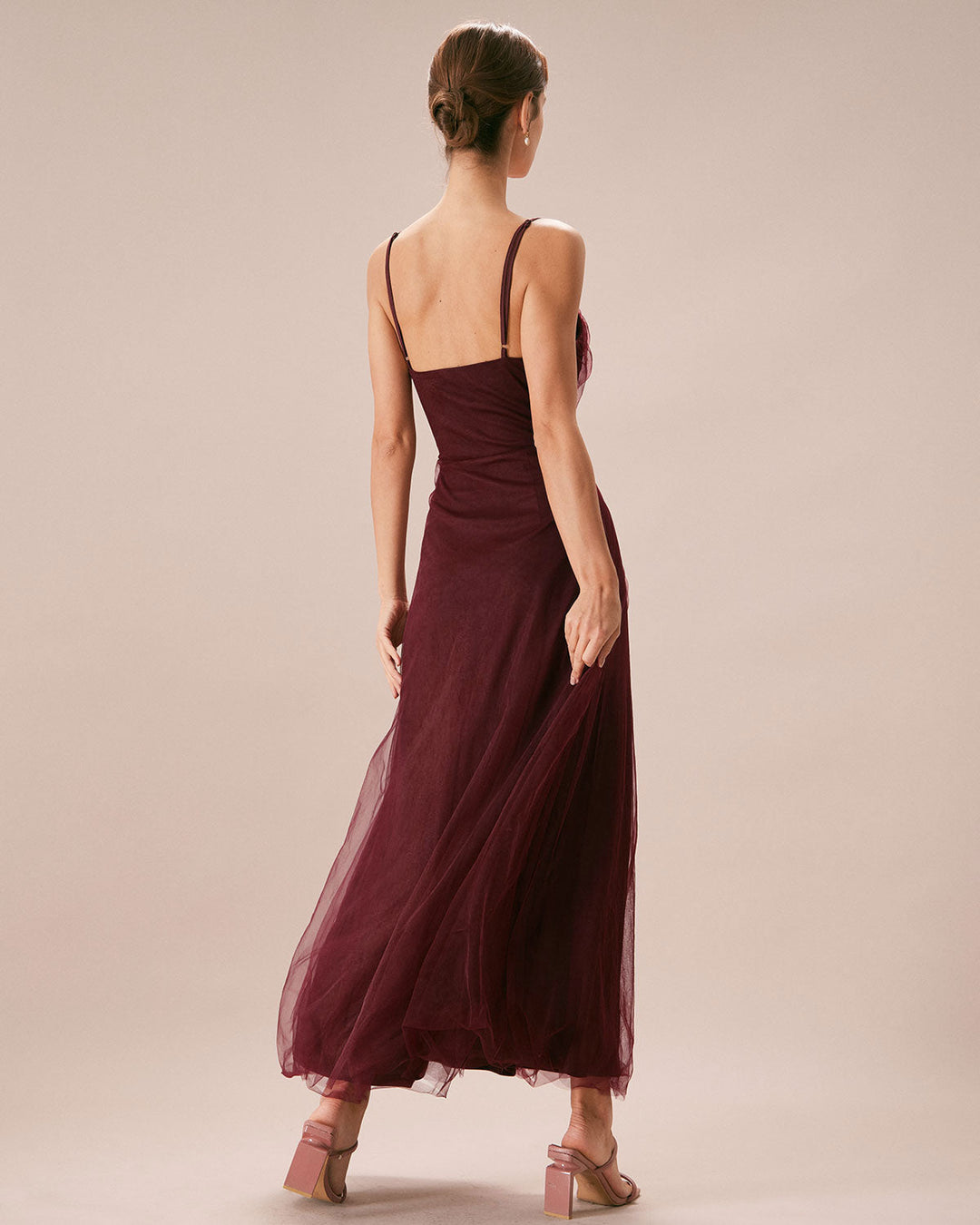 Morgan and Brooke | Wine Red V Neck Mesh Wrap Maxi Dress