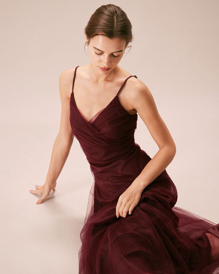 Morgan and Brooke | Wine Red V Neck Mesh Wrap Maxi Dress