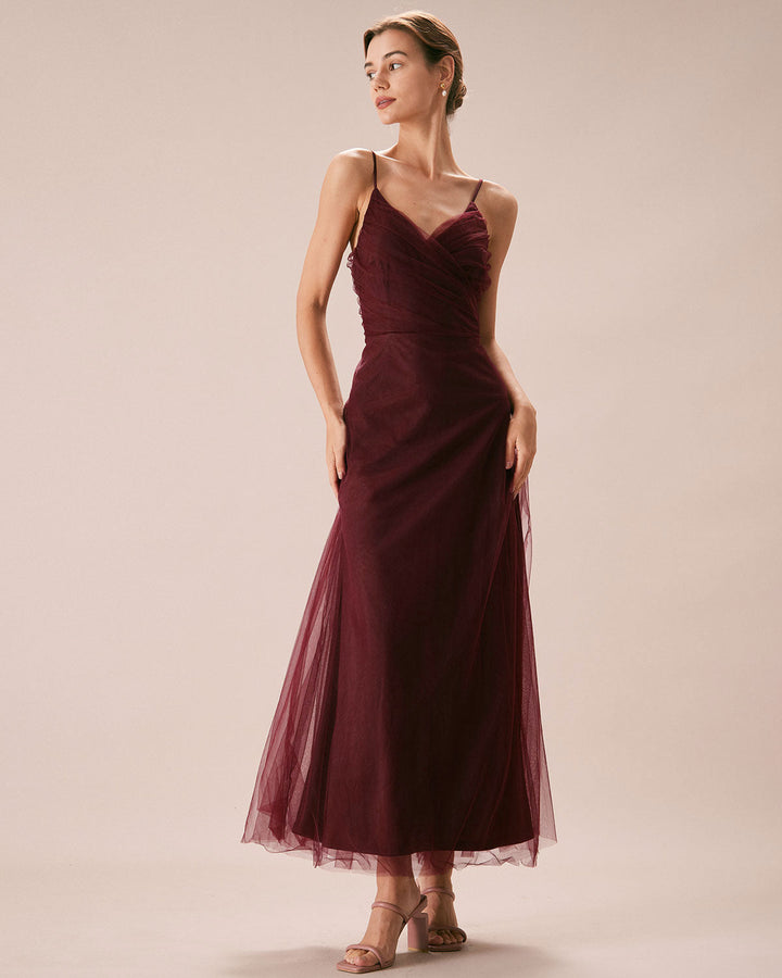 Morgan and Brooke | Wine Red V Neck Mesh Wrap Maxi Dress