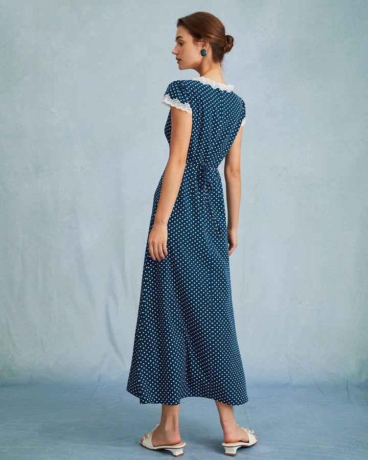 Morgan and Brooke | Navy V Neck Polka Dot Lace Maxi Dress