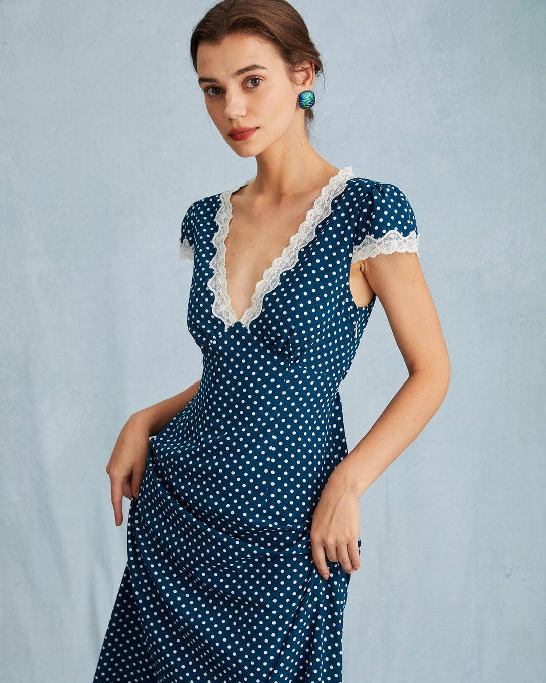 Morgan and Brooke | Navy V Neck Polka Dot Lace Maxi Dress