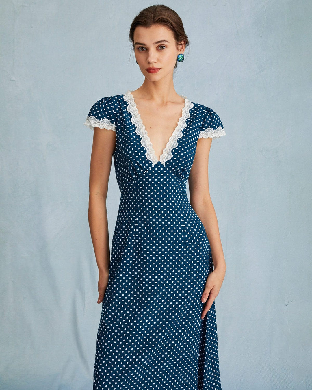 Morgan and Brooke | Navy V Neck Polka Dot Lace Maxi Dress