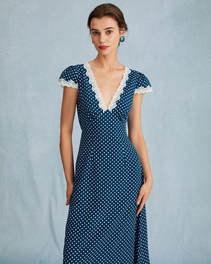 Morgan and Brooke | Navy V Neck Polka Dot Lace Maxi Dress
