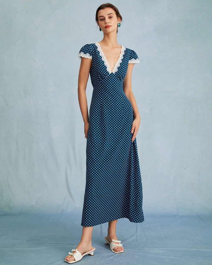 Morgan and Brooke | Navy V Neck Polka Dot Lace Maxi Dress