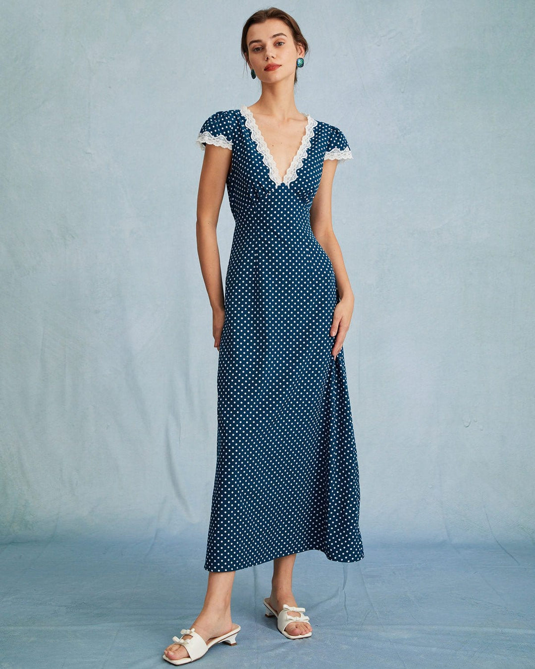 Morgan and Brooke | Navy V Neck Polka Dot Lace Maxi Dress