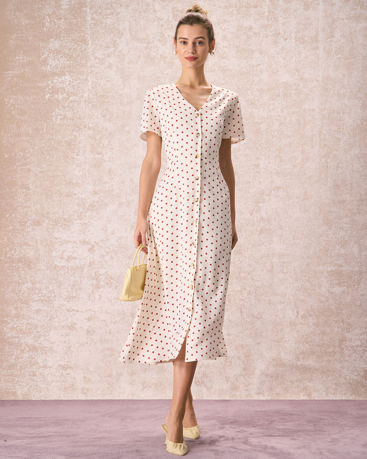 Morgan and Brooke | Beige V Neck Polka Dot Midi Dress
