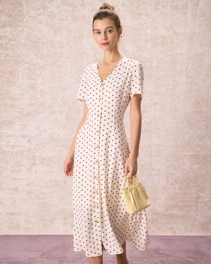 Morgan and Brooke | Beige V Neck Polka Dot Midi Dress
