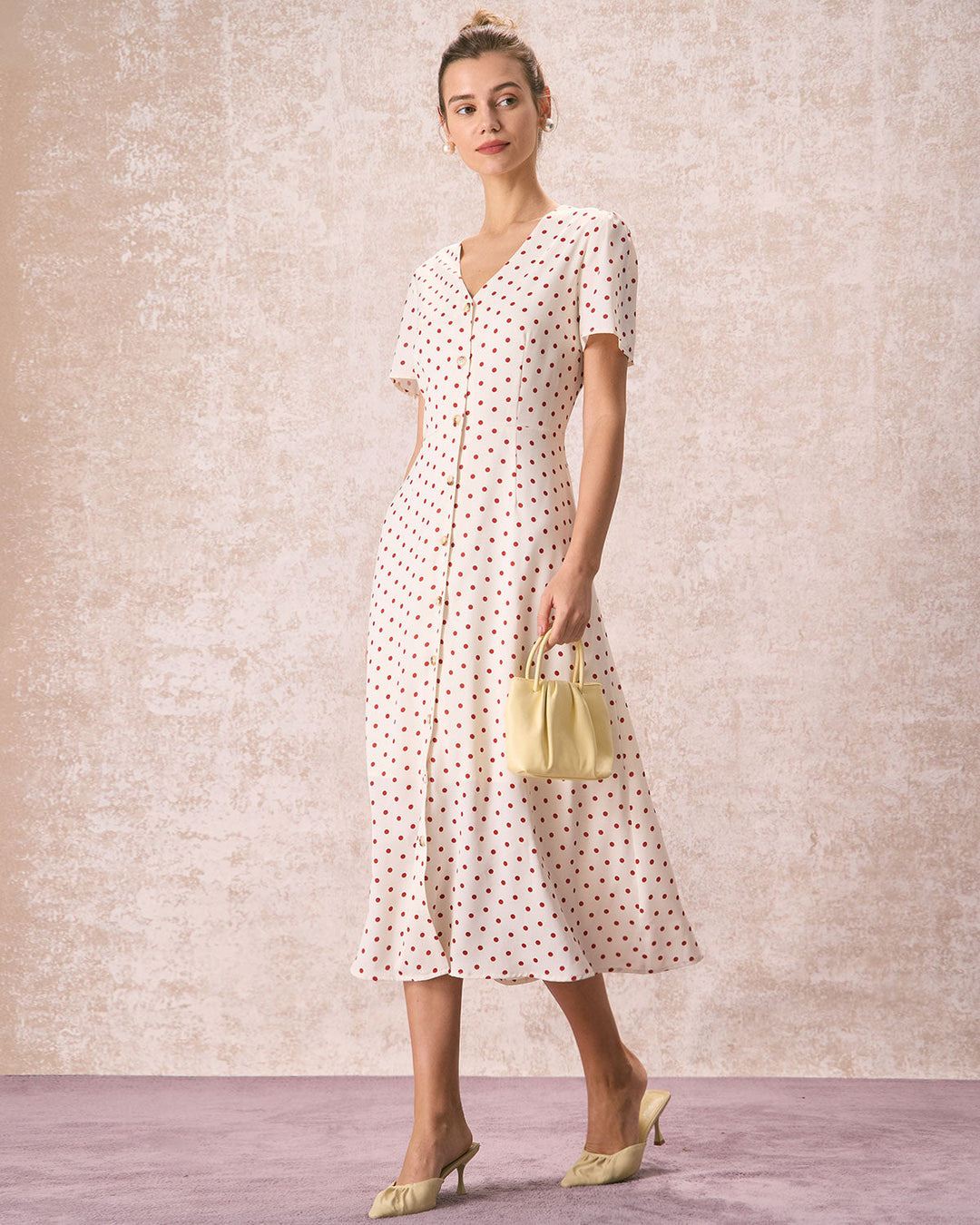 Morgan and Brooke | Beige V Neck Polka Dot Midi Dress