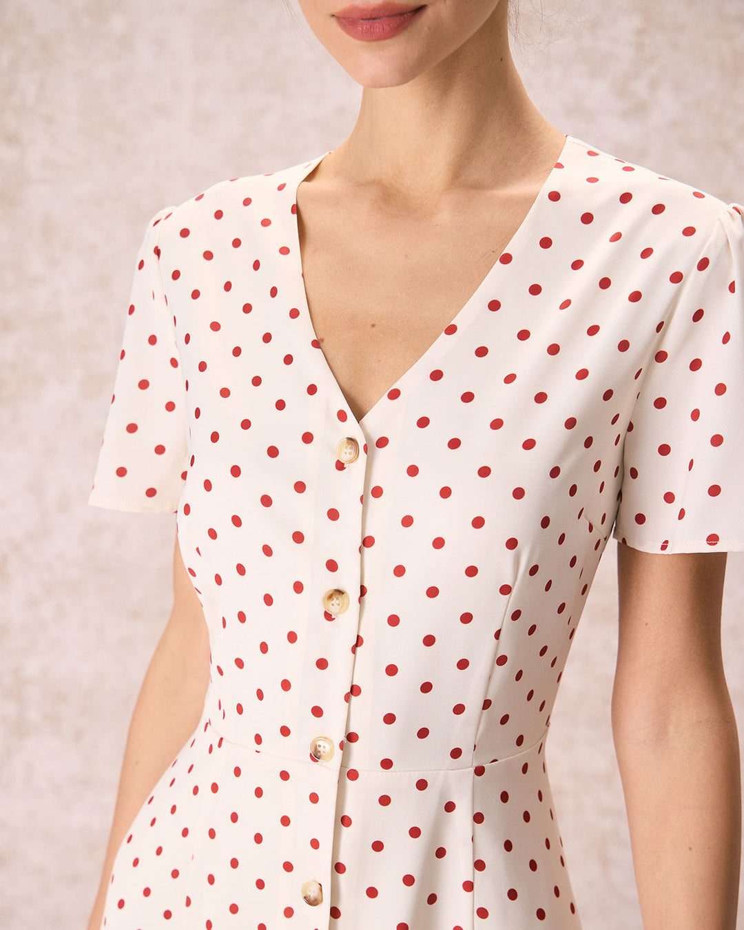 Morgan and Brooke | Beige V Neck Polka Dot Midi Dress