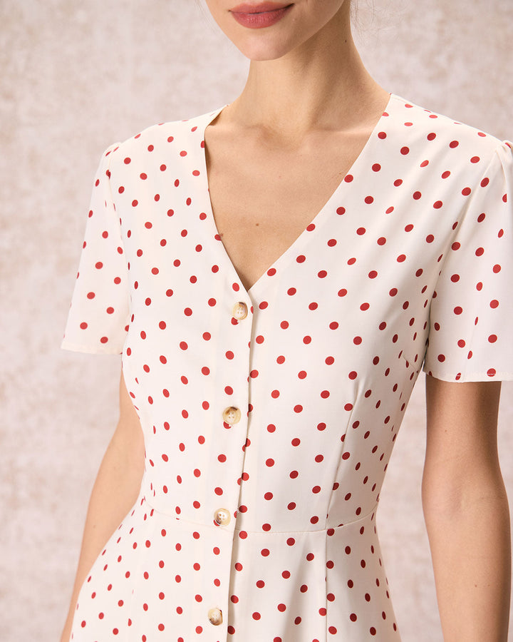 Morgan and Brooke | Beige V Neck Polka Dot Midi Dress