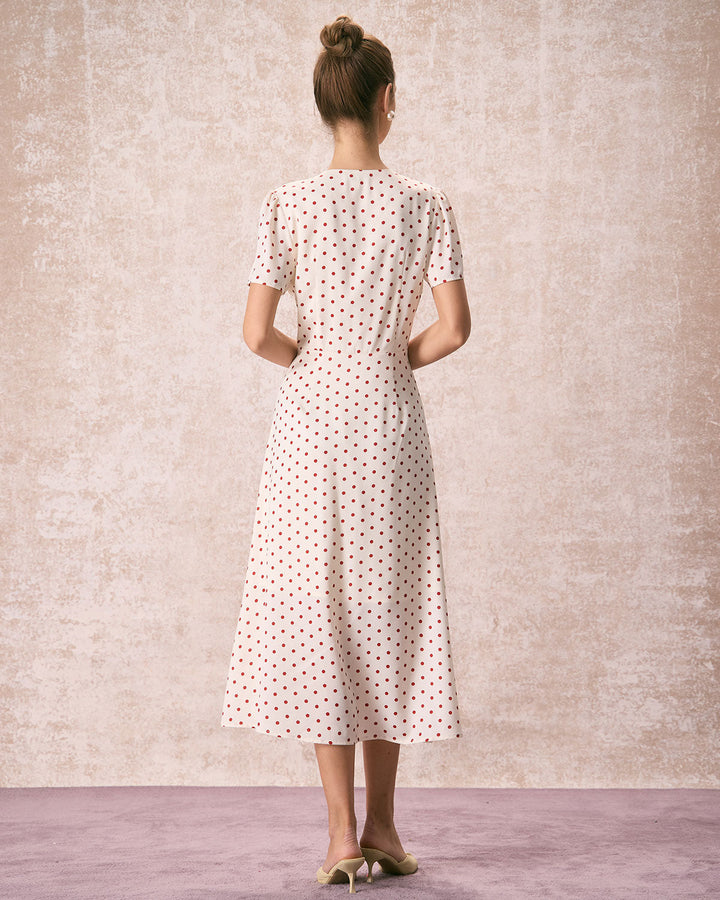 Morgan and Brooke | Beige V Neck Polka Dot Midi Dress