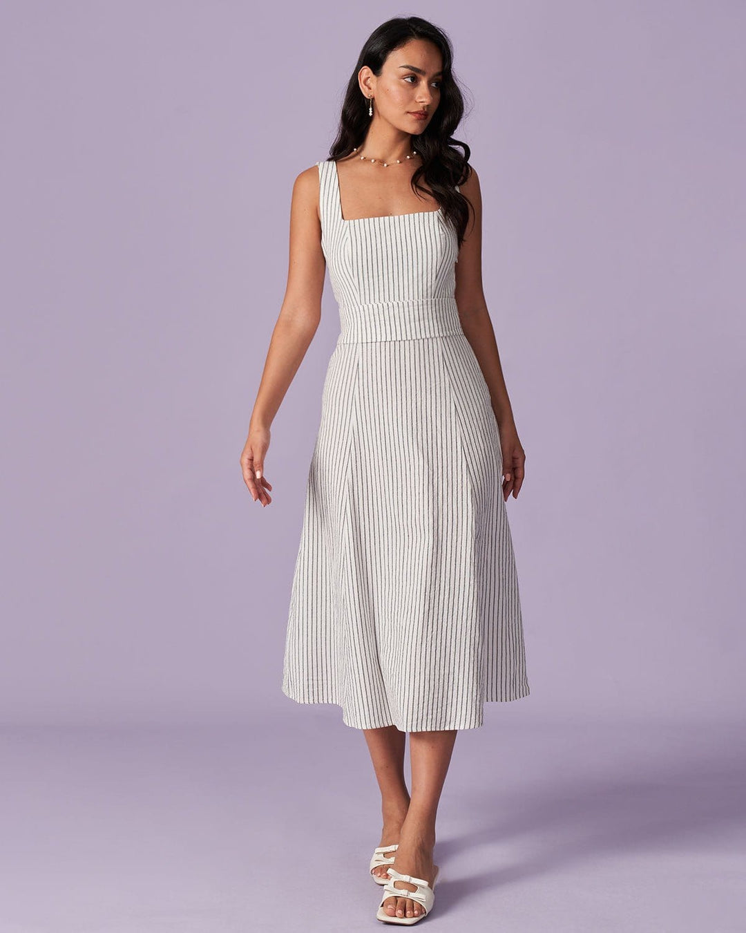Morgan and Brooke | White Square Neck Striped Midi Dress