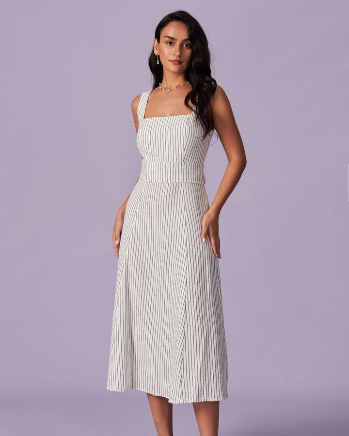 Morgan and Brooke | White Square Neck Striped Midi Dress