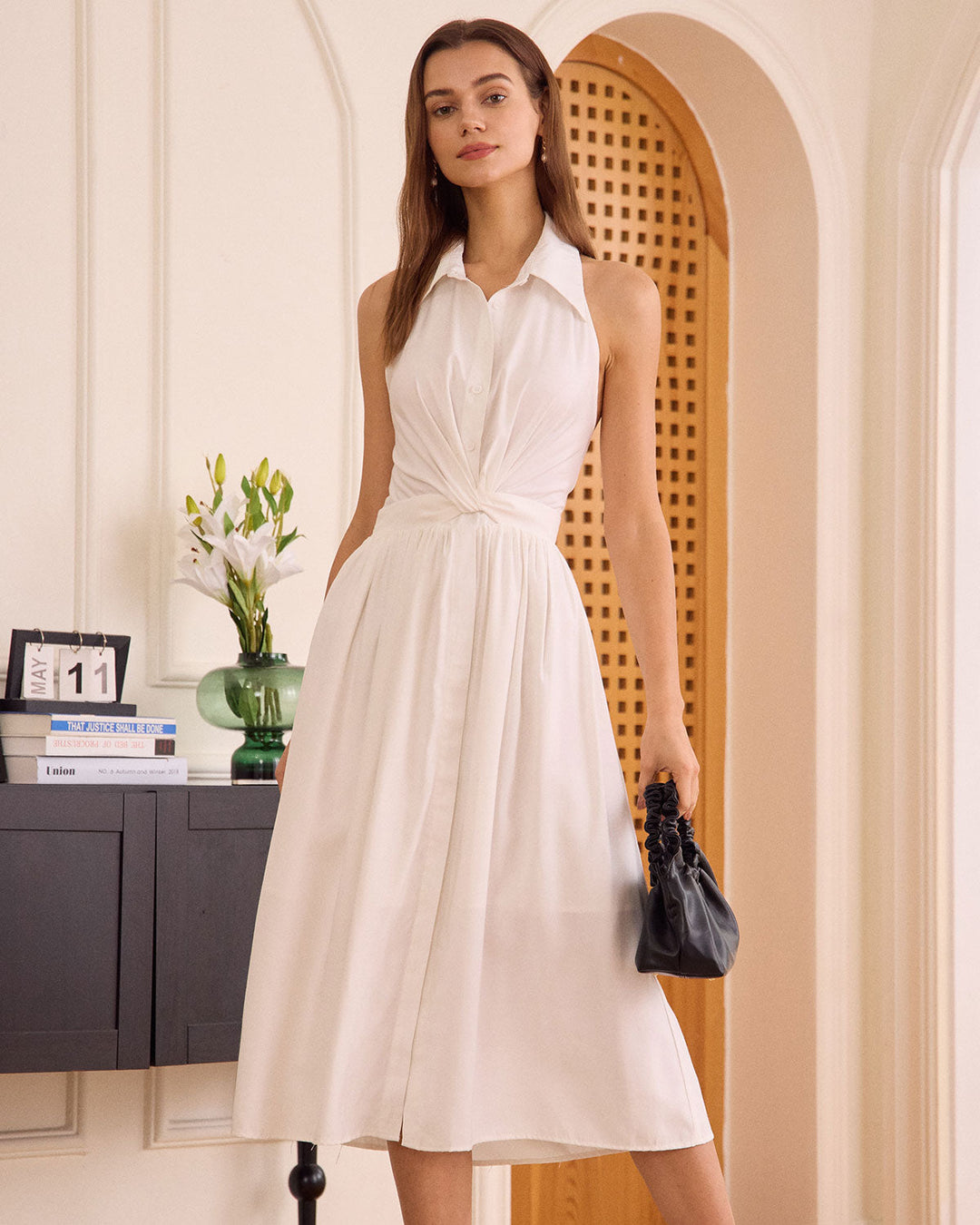 Morgan and Brooke | White Collared Backless Midi Dress