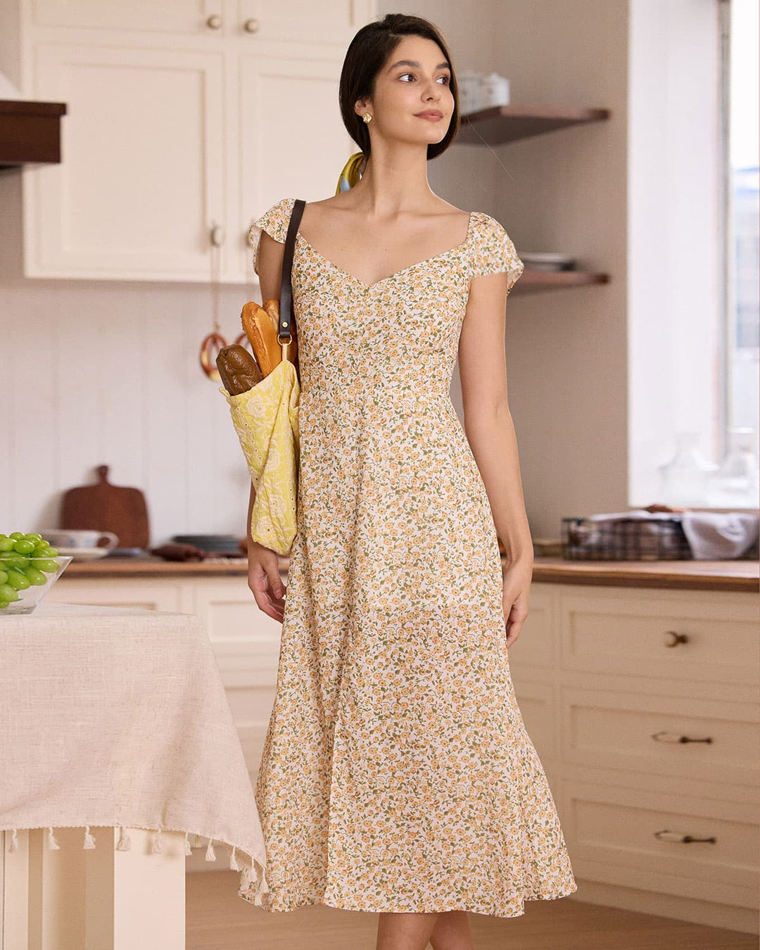 Morgan and Brooke | Yellow V Neck Floral Slit Midi Dress