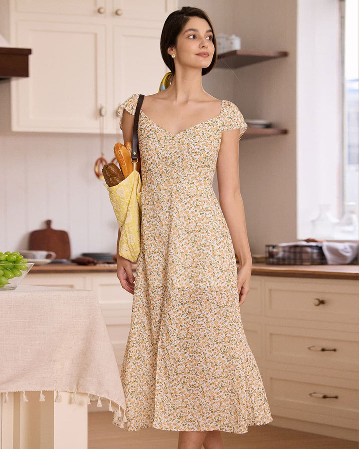 Morgan and Brooke | Yellow V Neck Floral Slit Midi Dress