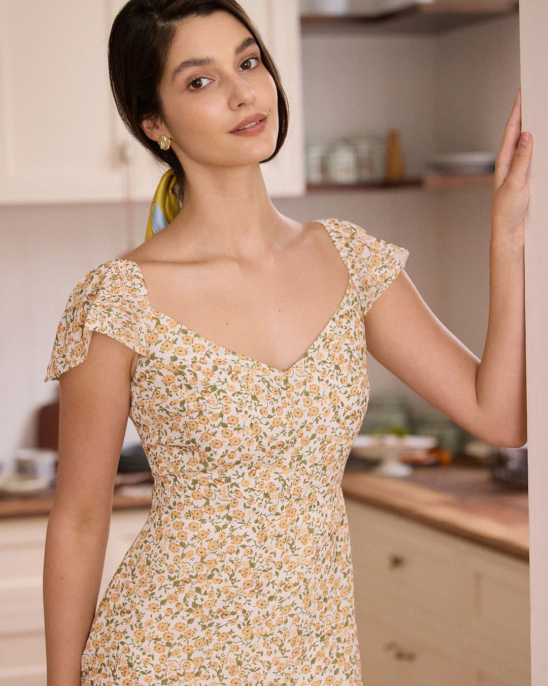 Morgan and Brooke | Yellow V Neck Floral Slit Midi Dress