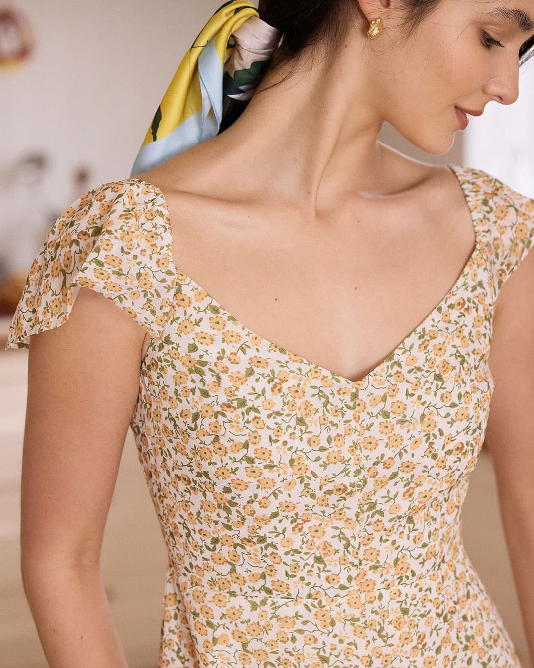 Morgan and Brooke | Yellow V Neck Floral Slit Midi Dress