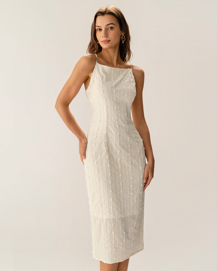Morgan and Brooke | Textured Beaded Slip Midi Dress in Beige