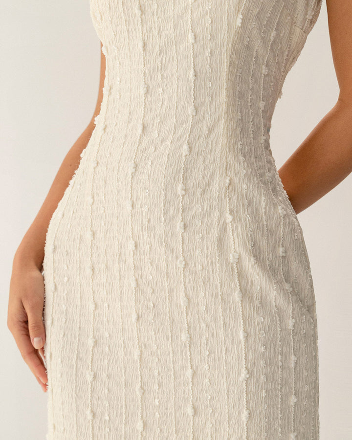 Morgan and Brooke | Textured Beaded Slip Midi Dress in Beige