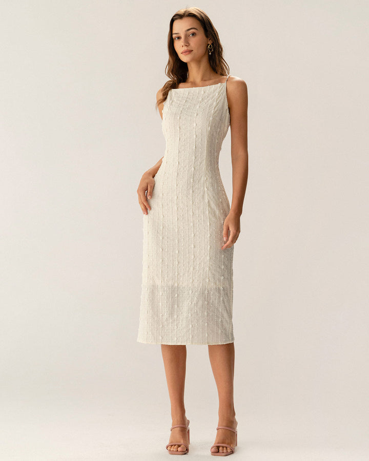Morgan and Brooke | Textured Beaded Slip Midi Dress in Beige