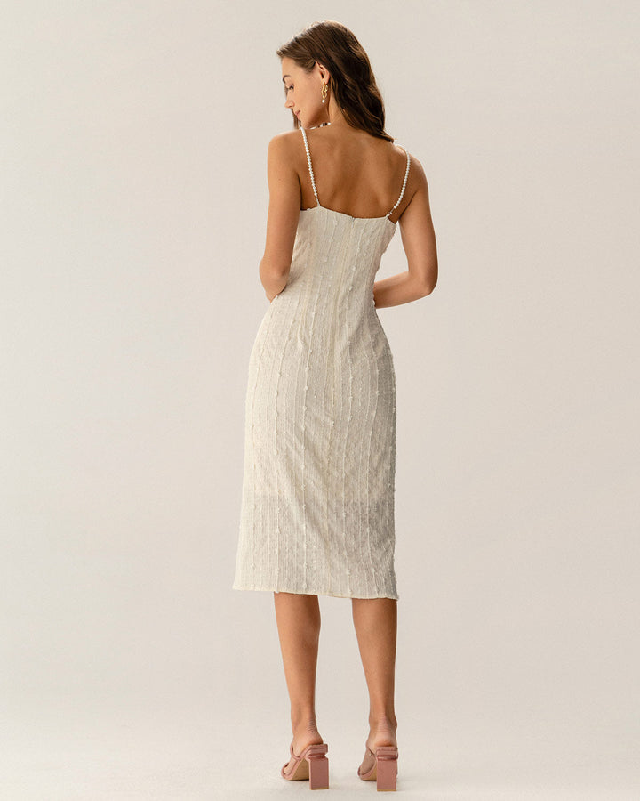 Morgan and Brooke | Textured Beaded Slip Midi Dress in Beige