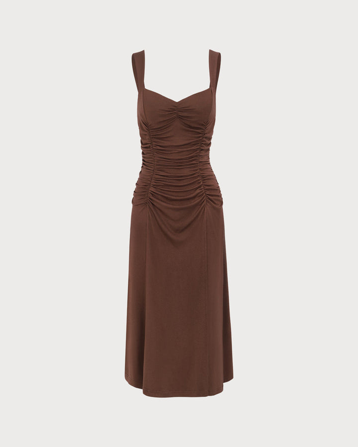 Morgan and Brooke | Coffee Ruched Knitted Slip Midi Dress