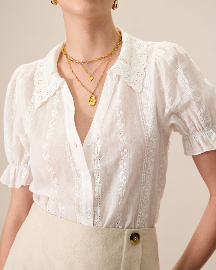 Morgan and Brooke | White Collared Lace Cotton Blouse