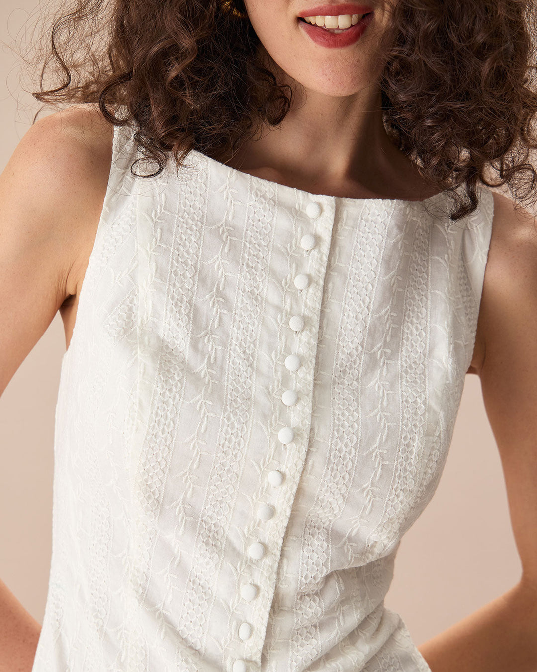 Morgan and Brooke | White Boat Neck Jacquard Cotton Mini Dress