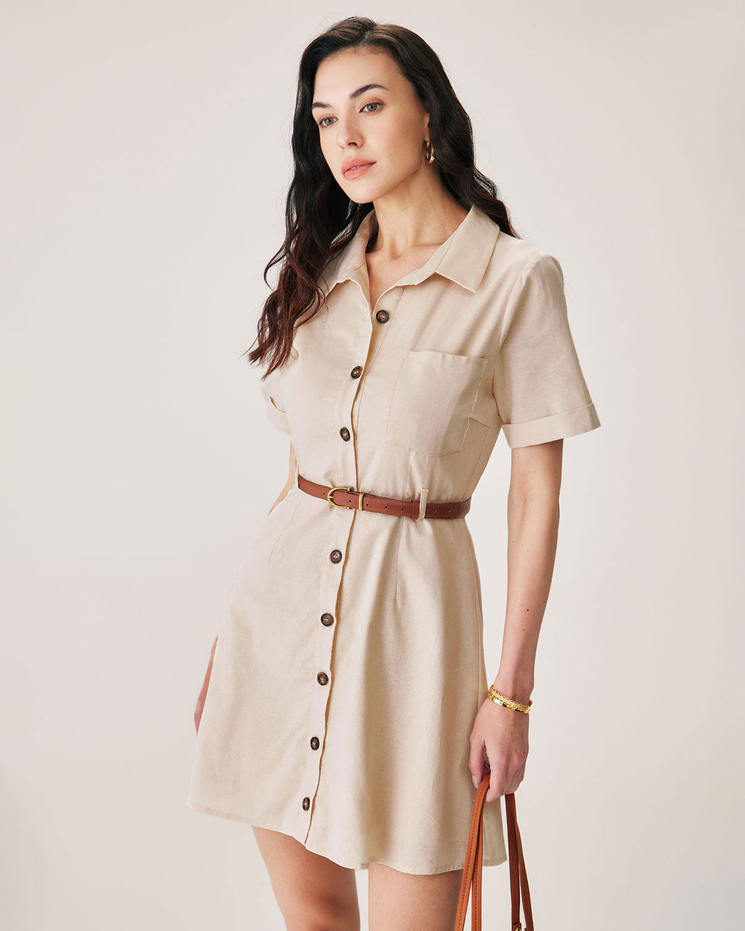 Morgan and Brooke | Collared Button Mini Dress for Women in Apricot