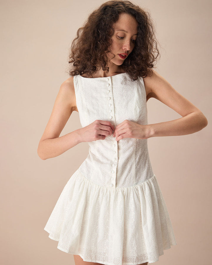 Morgan and Brooke | White Boat Neck Jacquard Cotton Mini Dress
