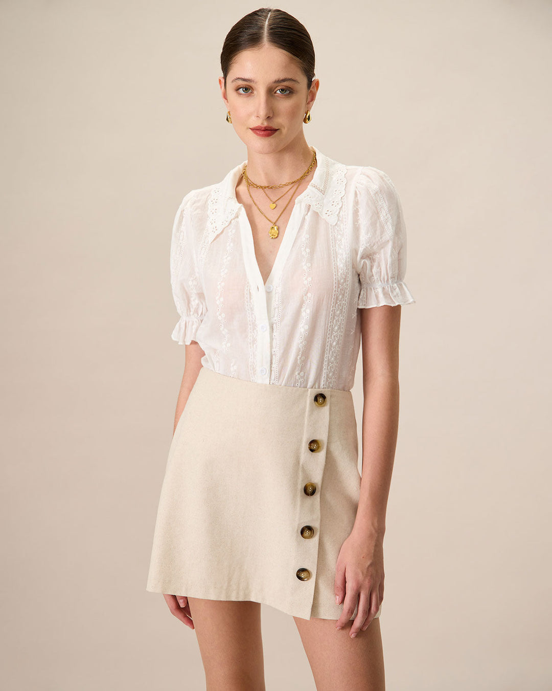 Morgan and Brooke | High-Waisted Cotton Mini Skirt for Women in Beige