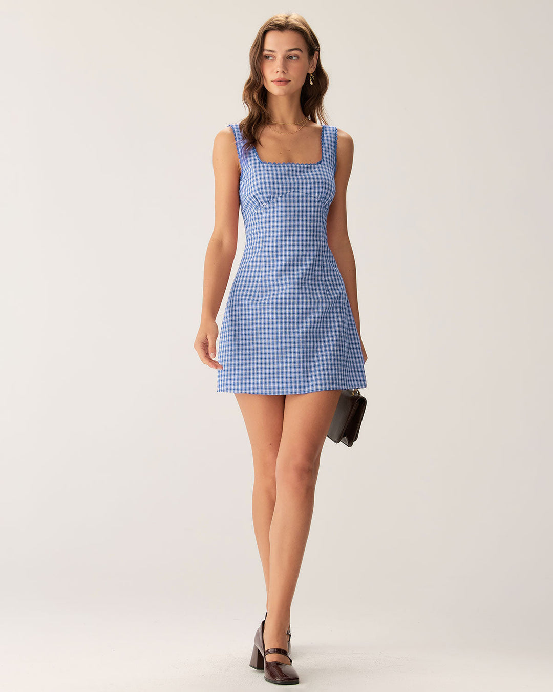 Morgan and Brooke | Plaid Square Neck Mini Dress for Women in Blue