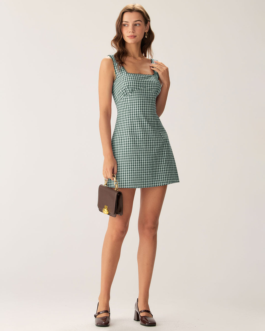 Morgan and Brooke | Green Plaid Square Neck Mini Dress