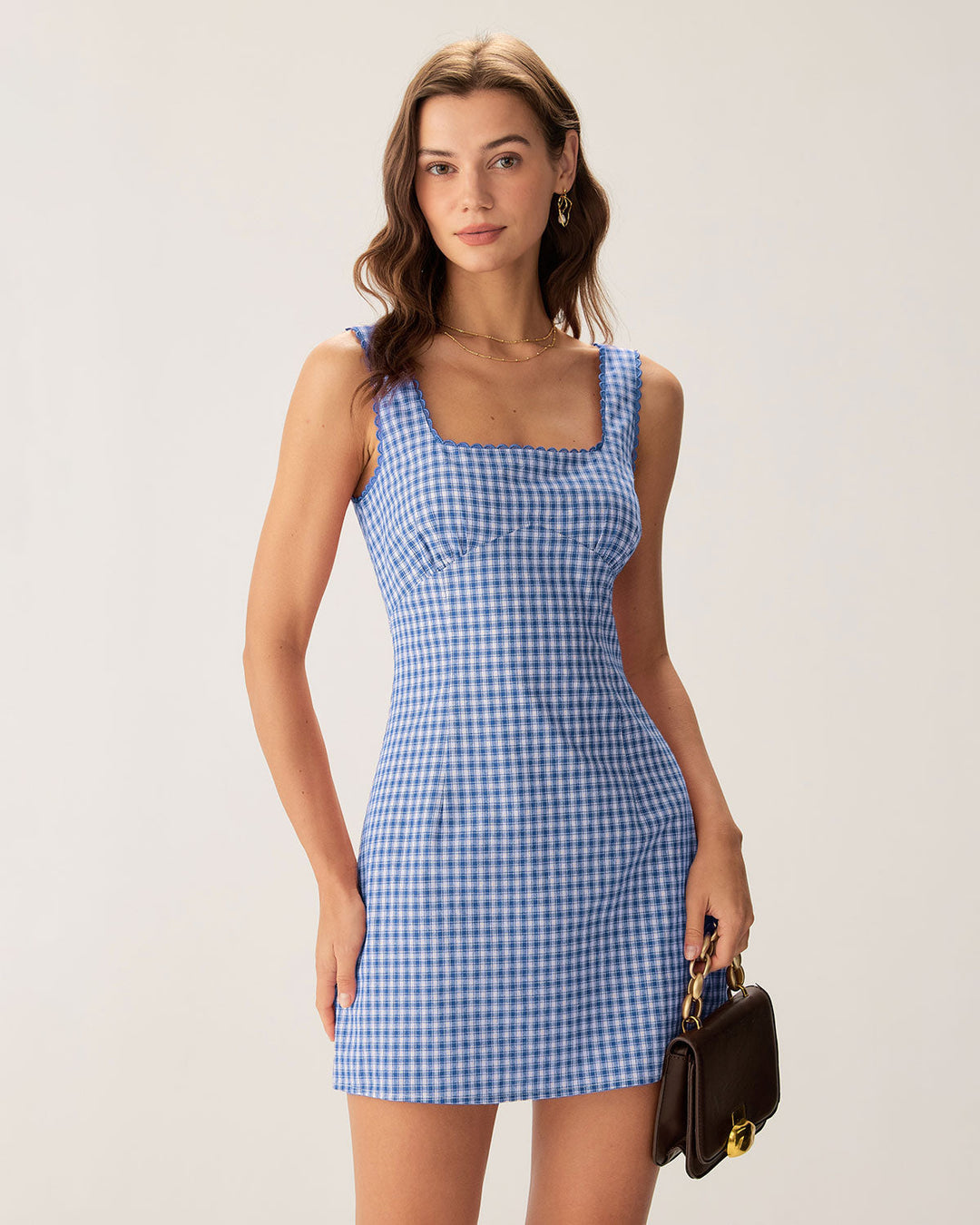 Morgan and Brooke | Plaid Square Neck Mini Dress for Women in Blue